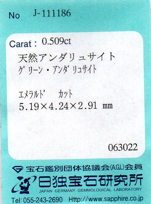 画像:  天然ビリディン＊0.509ct＊無処理＊ブラジル産＊日独宝石研究所のソーテイング付き